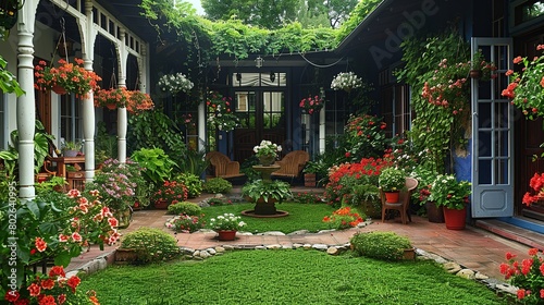 A beautiful garden in courtyard with flowers, neat green grass, fountains, and vines.