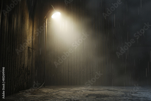 Moody Rain Scene Illuminated by a Single Streetlamp in an Empty Alley.