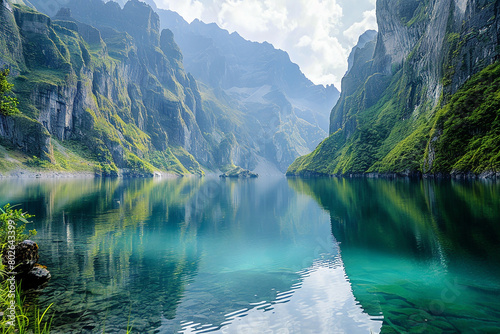 A serene lake nestled between towering cliffs, its surface mirroring the surrounding peaks.