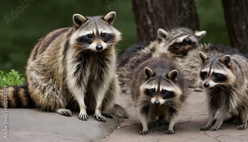 A Raccoon With A Group Of Other Raccoons Socializ