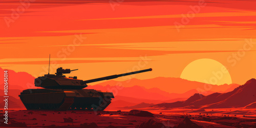 A tank is positioned on the edge of the desert at sunset, embodying heroic masculinity, silhouette lighting, and colorful animation stills.