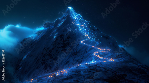 A mountain trail is illuminated with lights at night, in light azure, showcasing conceptual realism, functionality emphasis, and miniature illumination.