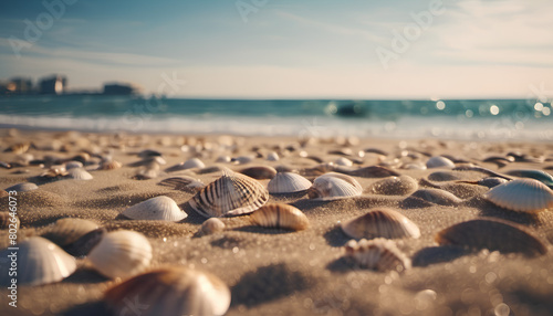 Shells on a sunny beach, on the ocean