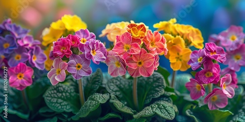 A close shot of colorful Primula veris primroses blossoming among nature with a blurry backdrop and a big space for text or product advertisement, Generative AI.