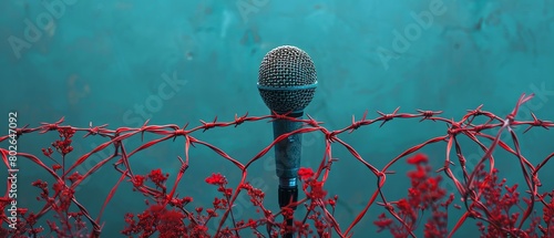 Vibrant photo of a microphone entwined with red barbed wire against a teal background highlighting the constraints on free expression.
