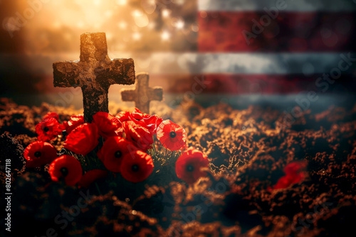 memorial day concept. A cross is in the middle of a field of red flowers. ai generative