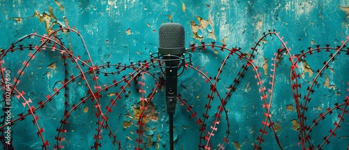 A bold and provocative photo of a microphone surrounded by red barbed wire set on a teal background depicting the struggle for voice and expression.