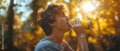 A young man drinking from yellow drink can with a blurry nature backdrop in a summer day with a big space for text or product background, Generative AI.