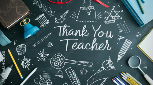 thank you teacher appreciation chalkboard with doodles and school supplies
