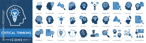 Critical Thinking icon set, Analytical Mind, Critical Thinking Mindset, Critical Analysis, Logical Reasoning, Inquisitive Mind, Decision Making, Independent Thinking, Information Analysis