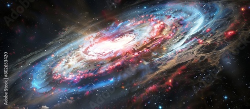 A detailed close-up view of a spiral galaxy showing a vivid red center surrounded by swirling arms and cosmic dust