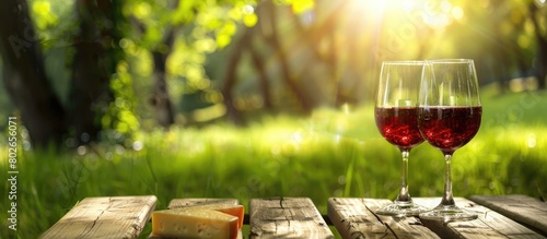 Two glasses of red wine and cheese slices on a wooden picnic table, set against a backdrop of green trees and grass, with sunlight filtering through and a space for text.