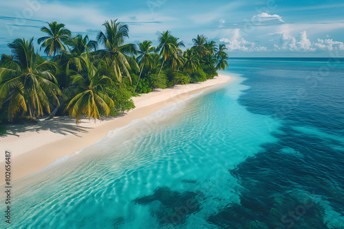 Nature landscape of a tropical island paradise with trees, white sand beach, crystal-clear water, and natural sunlight.
