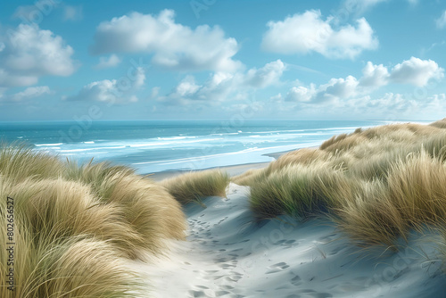 Nature landscape photography of a beautiful coastal dunes scene with grasses swaying in the breeze and clear sky, A tranquil beach with soft sunlight.