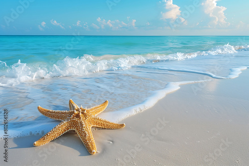 Close-up of a beautiful starfish on the tranquil beach with turquoise waters and white sand. Serene coastal landscape with sunlight.