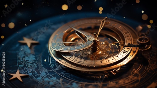 A closeup of a vintage astrolabe against a starry night sky background symbolizing exploration and the history of astronomy