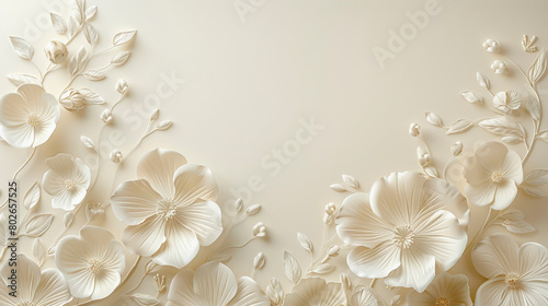 Elegant beige background with a decorative 3D floral design featuring intricate flowers and foliage on the left and right margins, providing space for text in the center.