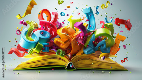 An open book with colorful 3D letters and numbers bursting out from the pages, symbolizing creativity, learning, and the magic of reading.