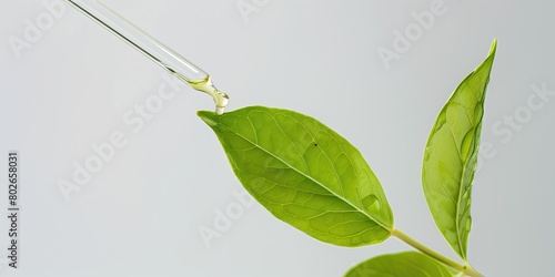 Pipette drops extracts to accelerate growth. onto green tea leaves in close range on a white background