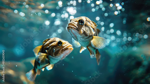 a poster showing two fish swimming underwater, in the style of photorealistic detail
