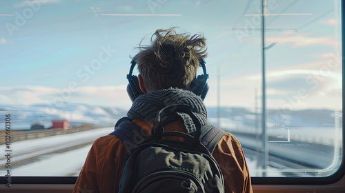 a traveler with headphones, listening to ABBA and behind him, view from back, Hight Quality ,8k