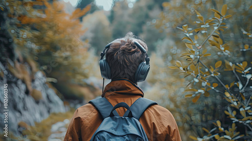 a traveler with headphones, listening to ABBA and behind him, view from back, Hight Quality ,8k