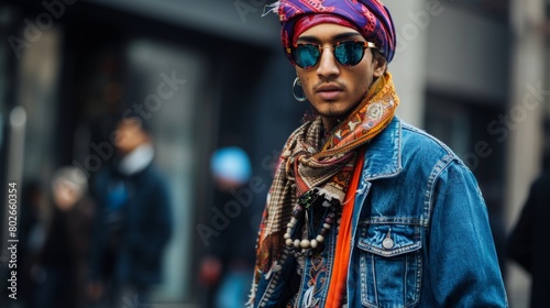 A man wearing a traditional womens headscarf paired with a denim jacket and ripped jeans seamlessly blending elements of both masculine and feminine fashion.