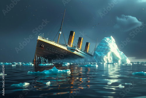 Titanic wreck as a result of a collision with an iceberg in the Atlantic Ocean.