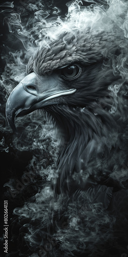 an eagle emerging from smoke fade against a black background, creating a dreamscape portraiture with a gigantic scale, ideal for a wall poster or wallpaper.