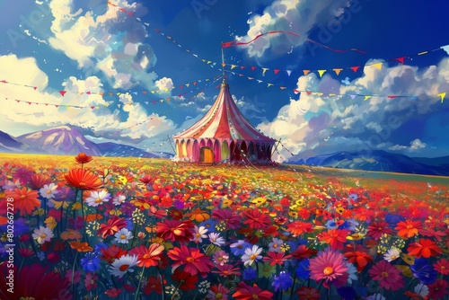 Colorful circus tent in blossoming field