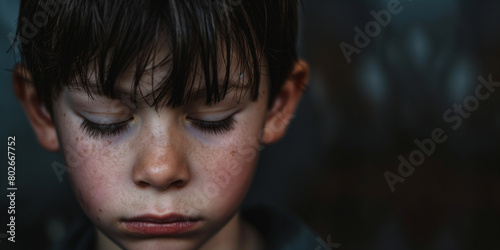 Sorrowful young boy eyes closed with tears streaming down his face. 