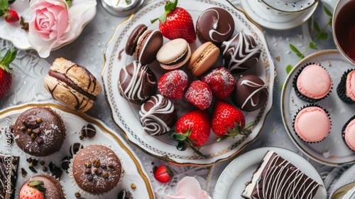 A decadent spread of chocolatecovered strawberries macarons and petit fours adding a touch of indulgence to a traditional hightea afternoon.