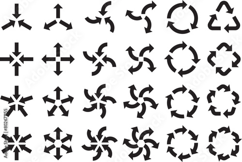 様々な形の集中・拡散・回転する矢印のベクターイラストセット