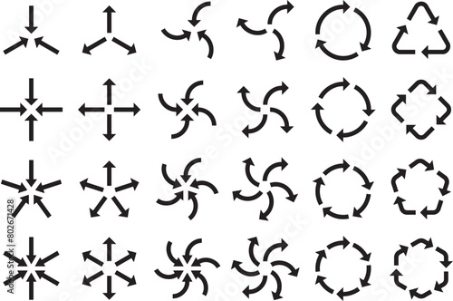 様々な形の集中・拡散・回転する矢印のベクターイラストセット
