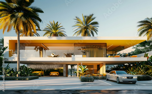 A modern villa with golden yellow and white exterior colors, surrounded by palm trees. The front of the house has an open-air terrace on one side