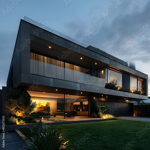 A black concrete modern mansion with large windows and lights on at night, located in Melbourne Australia, overlooking the grassy backyard with trees