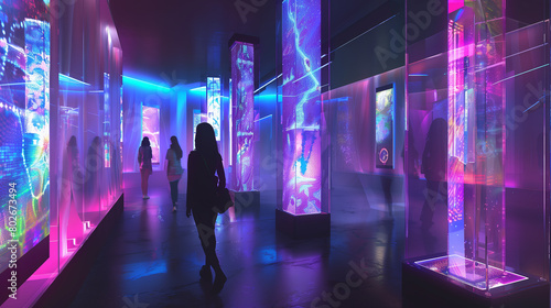 Design a futuristic art gallery featuring holographic and interactive exhibits.