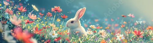 Cute bunny rabbit in a field of flowers.