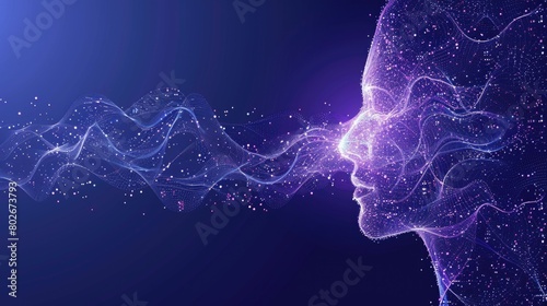 A womans face is shown with lines of binary code coming out, creating a digital connection or communication concept