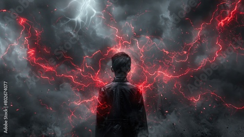 A man standing stoically in front of a dark, ominous backdrop, with bursts of rage shown as chaotic flashes of bright red emanating from his silhouette