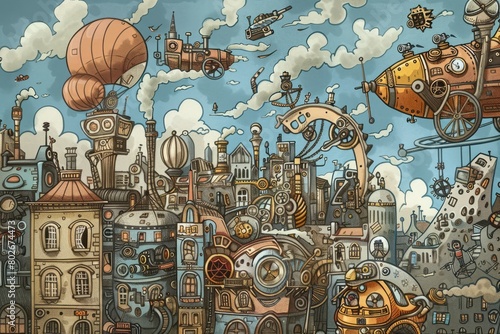Cartoon cute doodles of a whimsical steampunk cityscape, where adorable characters ride steam-powered bicycles and airships through bustling streets, Generative AI