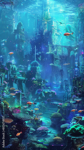 A surreal underwater cityscape with ancient ruins and colorful coral reefs, inhabited by exotic sea creatures and bathed in the soft glow of bioluminescent algae