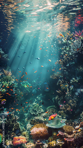 A surreal underwater world with vibrant coral reefs and exotic sea creatures, illuminated by shafts of sunlight filtering through the water's surface