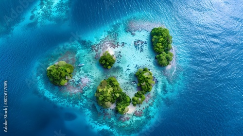 Captivating Aerial View of Tropical Island Chain with Crystal Clear Waters and Vibrant Coral Reefs