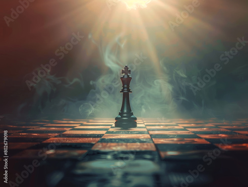 chessboard, queen standing over all chess army, winning situation, leadership concept, copyspace area, - ai