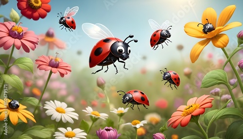 Ladybugs flying in a garden filled with flowers
