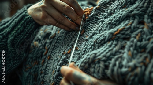 A closeup shot of a sweater being knitted with luxurious designer yarns showcasing the intricate cable and lace patterns being created.