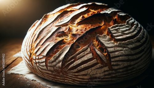 A close-up image of a handcrafted loaf of artisan bread, focusing on the deeply scored crust.