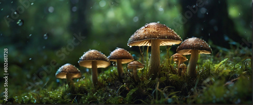 The image depicts a group of mushrooms growing in a grassy field