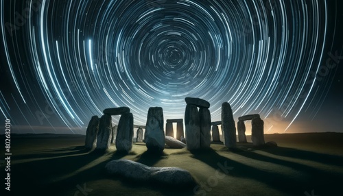 A picturesque scene of an ancient stone circle under a night sky, illuminated by circular star trails.